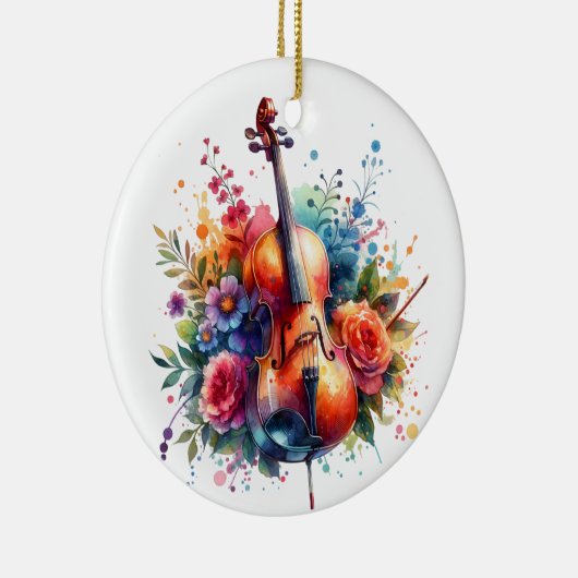 Waterverf cello en bloemen gepersonaliseerd keramisch ornament (Rechts)