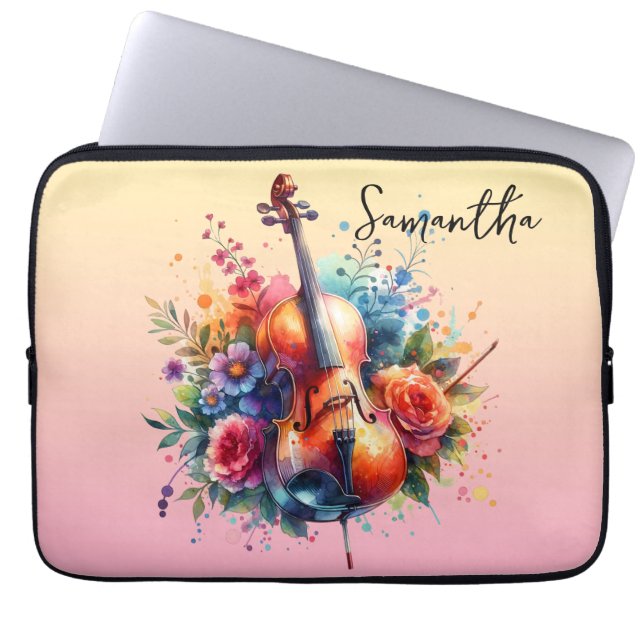 Waterverf cello en bloemen gepersonaliseerd laptop sleeve (Voorkant)