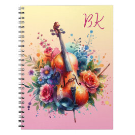 Waterverf cello en bloemen gepersonaliseerd notitieboek