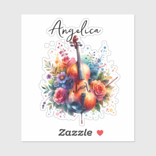 Waterverf cello en bloemen gepersonaliseerd sticker (Vel)