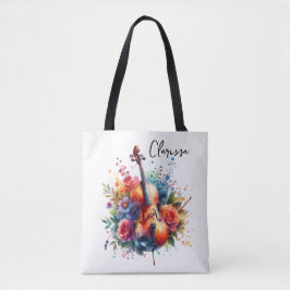 Waterverf cello en bloemen gepersonaliseerd tote bag