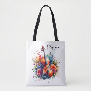 Waterverf cello en bloemen gepersonaliseerd tote bag