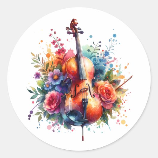 Waterverf Cello en Bloemen Ronde Sticker (Voorkant)