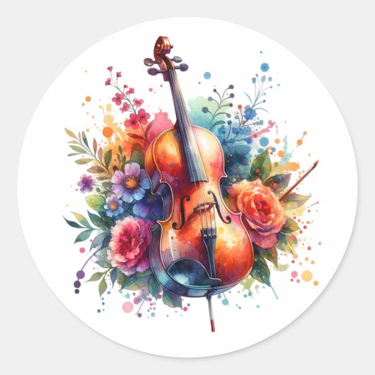Waterverf Cello en Bloemen Ronde Sticker (Voorkant)