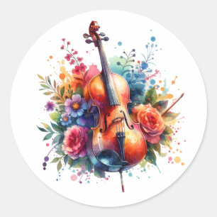 Waterverf Cello en Bloemen Ronde Sticker