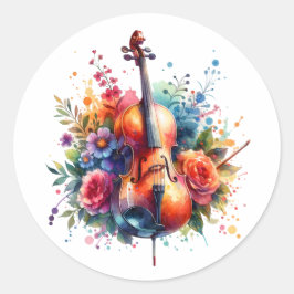 Waterverf Cello en Bloemen Ronde Sticker