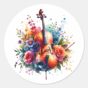 Waterverf Cello en Bloemen Ronde Sticker
