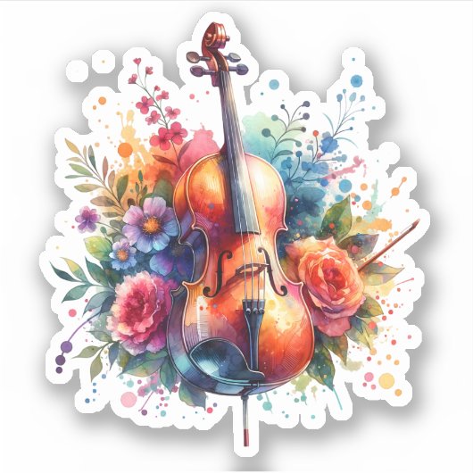 Waterverf Cello en Bloemen Sticker (Voorkant)