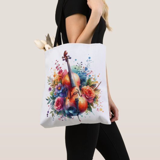 Waterverf Cello en Bloemen Tote Bag (Dichtbij)