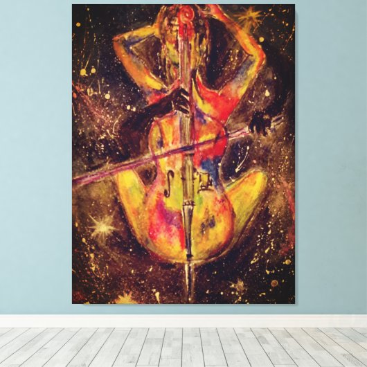 Waterverf - Cello Space Sonata - Dame met Cello Canvas Afdruk (Insitu (Houten vloer))
