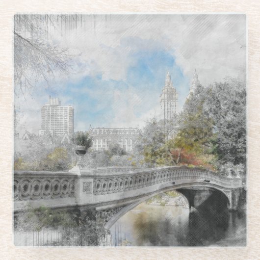 Waterverf Central Park Bridge Glass Onderzetter (Voorkant)