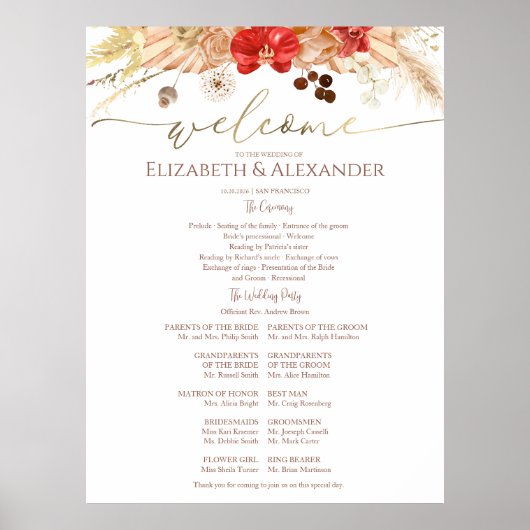 Waterverf Ceremonie Programma Sign Boho Floral Poster (Voorkant)