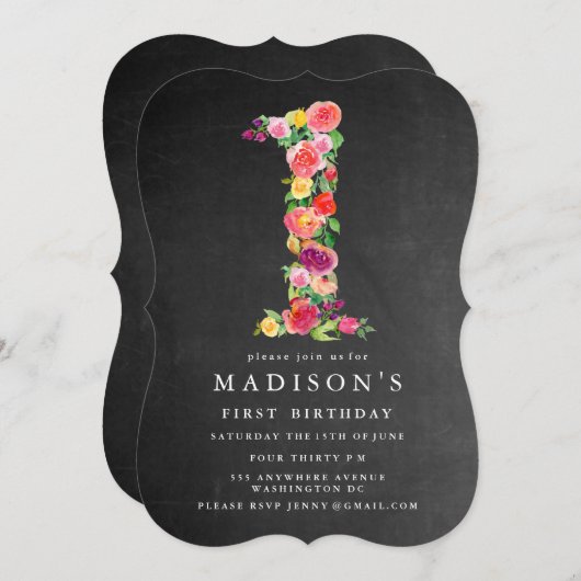 Waterverf Chalkboard Meisjes 1e Verjaardag Invite Kaart (Voorkant / Achterkant)