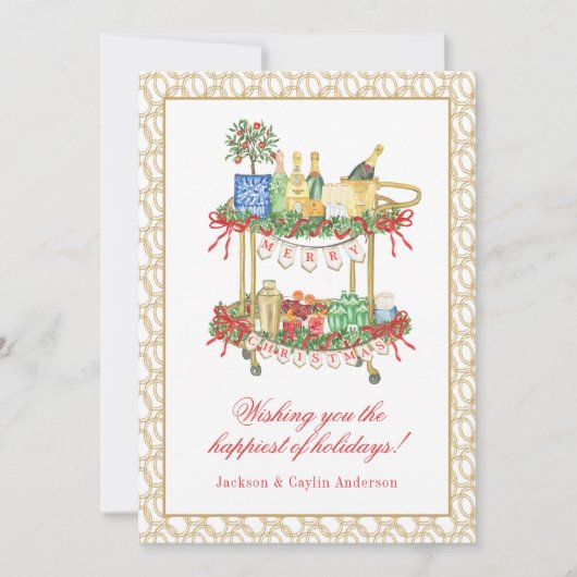 Waterverf Champagne Bar Winkelwagen Kerst Foto Feestdagenkaart (Voorkant)