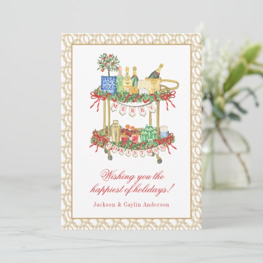 Waterverf Champagne Bar Winkelwagen Kerst Foto Feestdagenkaart (Staand voorkant)