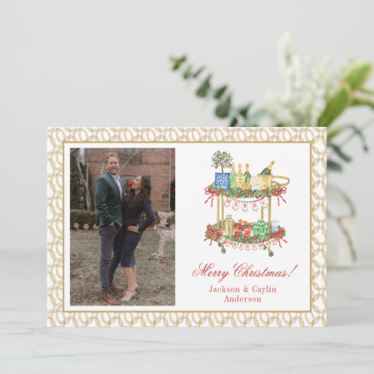 Waterverf Champagne Bar Winkelwagen Kerst Foto Feestdagenkaart (Staand voorkant)