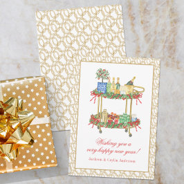 Waterverf Champagne Bar Winkelwagen Nieuwjaar Feestdagenkaart