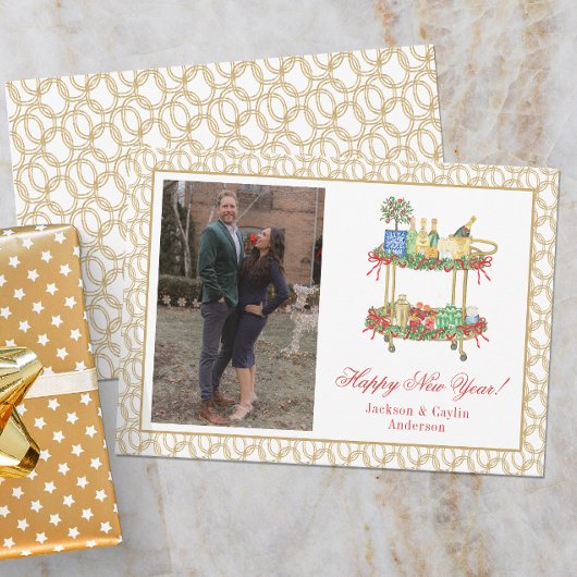 Waterverf Champagne Bar Winkelwagen Nieuwjaar Foto Feestdagenkaart