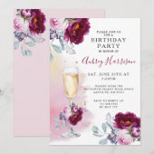 Waterverf Champagne Glas Bloemen Verjaardagsfeest Kaart (Voorkant / Achterkant)