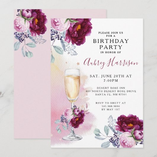 Waterverf Champagne Glas Bloemen Verjaardagsfeest Kaart (Voorkant / Achterkant)