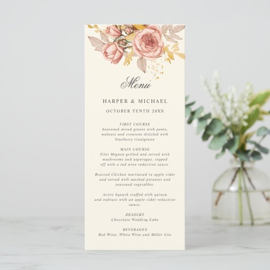 Waterverf champagne rozen monogram trouwmenu menu (Staand voorkant)