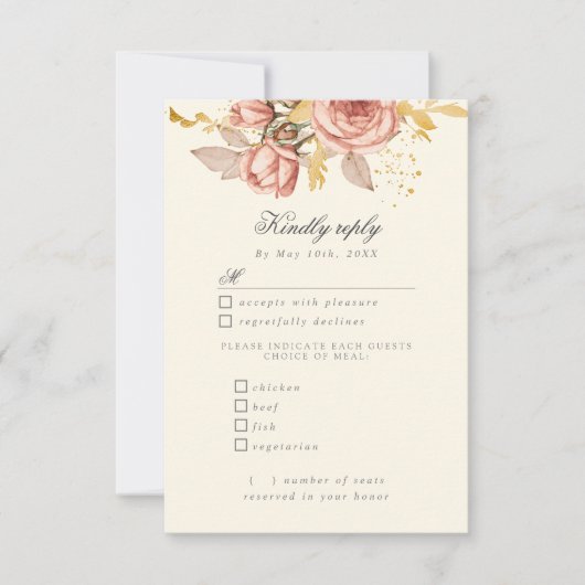 waterverf champagne-rozen RSVP met maaltijdkeuzes (Voorkant)