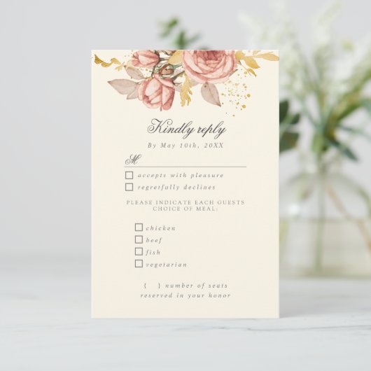 waterverf champagne-rozen RSVP met maaltijdkeuzes (Staand voorkant)