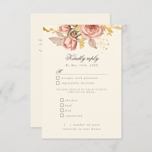 waterverf champagne-rozen RSVP met maaltijdkeuzes (Voorkant / Achterkant)