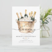 Waterverf Champagne Sip Hooray Verjaardagsfeest Kaart (Staand voorkant)