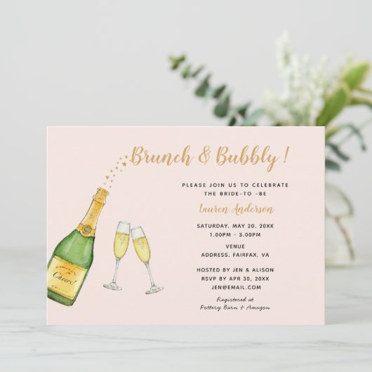Waterverf Champagne vrijgezellenfeest roze & goud Aankondiging (Staand voorkant)