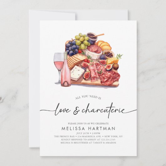 Waterverf Charcuterie Wijn & Kaas Vrijgezellenfees Kaart (Voorkant)