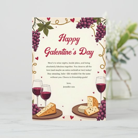 Waterverf Charmante Wijn & Kaas Galentijnsdag Feestdagenkaart (Staand voorkant)