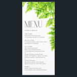 Waterverf Chartreuse Green Fern verlaat bruiloft Menu<br><div class="desc">Deze aanpasbare menukaart is voorzien van aquarelkaarten,  groene varenbladeren en voegt een groen accent toe aan uw evenemententafelblad. Personaliseer het door uw gegevens toe te voegen. Deze varenmenukaart is ideaal voor voorjaarsbruiloften,  baby showers,  vrijgezellenfeesten,  verjaardagen en meer.</div>