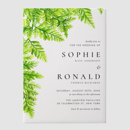 Waterverf Chartreuse Green Fern verlaat bruiloft Vellum Uitnodigingen (Voorkant)