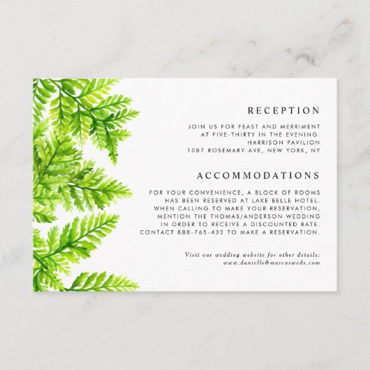 Waterverf Chartreuse Green Ferns Wedding Details Informatiekaartje (Voorkant)