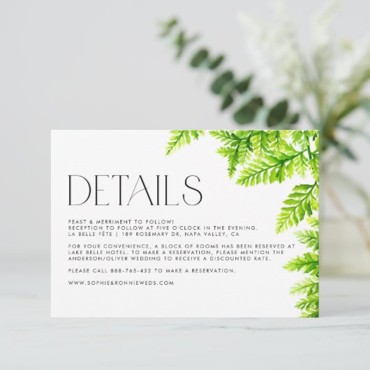 Waterverf Chartreuse Green Ferns Wedding Details Informatiekaartje (Staand voorkant)