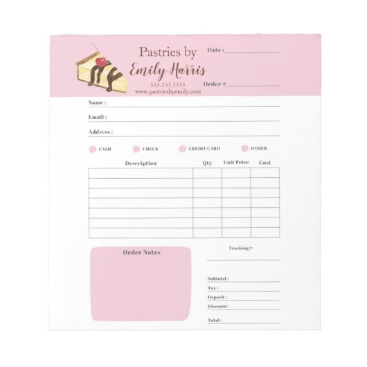 Waterverf Cheesecake Pastry Bakery-ontvangstbewijz Notitieblok (Voorkant)