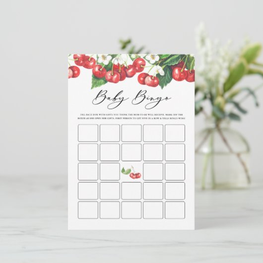 Waterverf Cherries Branches Baby shower Bingo Informatiekaartje (Staand voorkant)