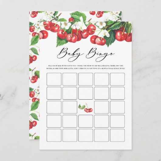 Waterverf Cherries Branches Baby shower Bingo Informatiekaartje (Voorkant / Achterkant)