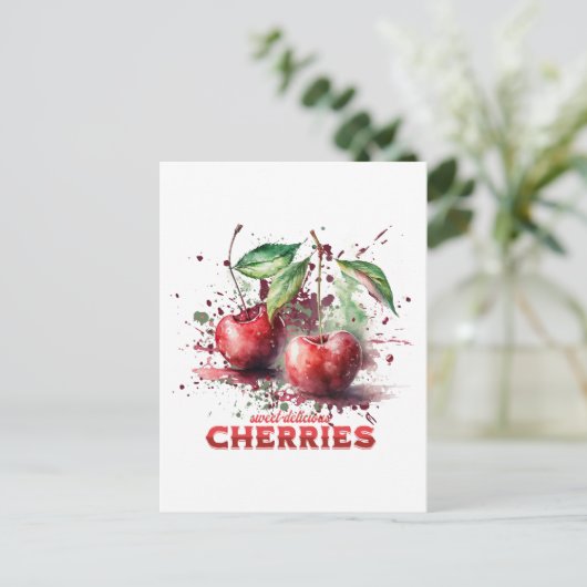 Waterverf Cherries Briefkaart (Staand voorkant)