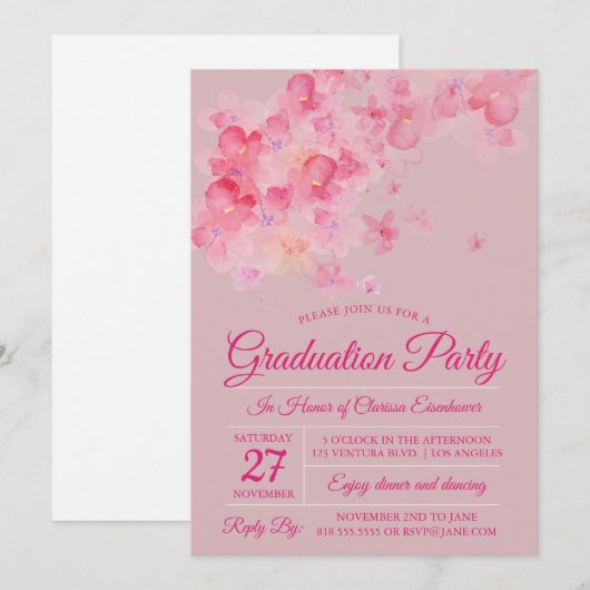 Waterverf Cherry Blossom Afstudeerfeest Kaart (Voorkant / Achterkant)