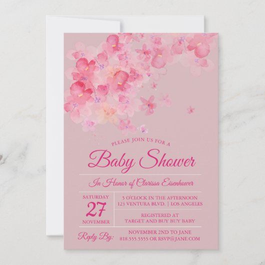 Waterverf Cherry Blossom Baby shower Uitnodiging (Voorkant)