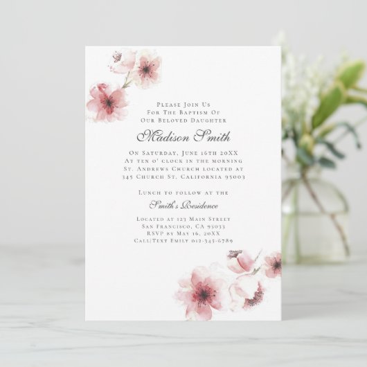 Waterverf Cherry Blossom Baptisme Uitnodiging (Staand voorkant)