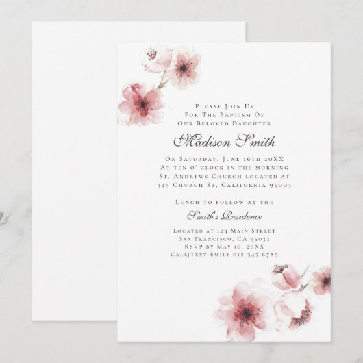 Waterverf Cherry Blossom Baptisme Uitnodiging (Voorkant / Achterkant)