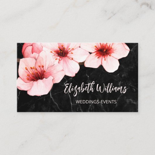 Waterverf Cherry Blossom Black Marble | Qr-code Visitekaartje (Voorkant)
