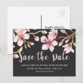 Waterverf Cherry Blossom Black Save the Date Aankondigingskaart (Voorkant / Achterkant)