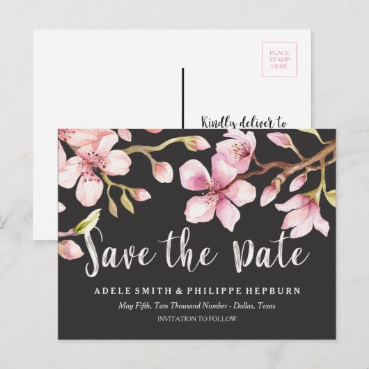 Waterverf Cherry Blossom Black Save the Date Aankondigingskaart (Voorkant / Achterkant)