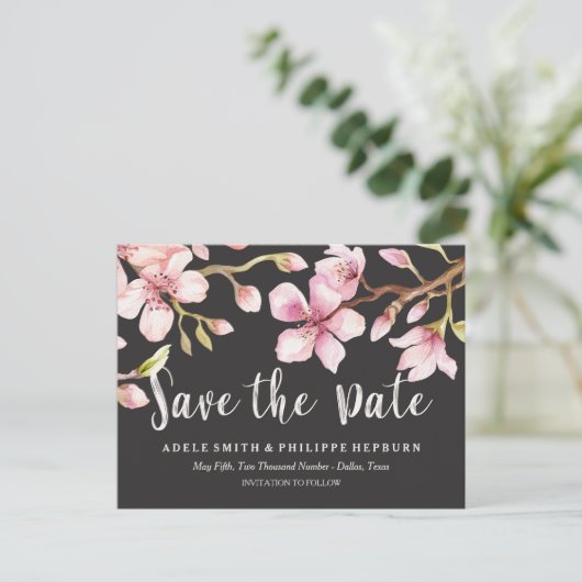 Waterverf Cherry Blossom Black Save the Date Aankondigingskaart (Staand voorkant)