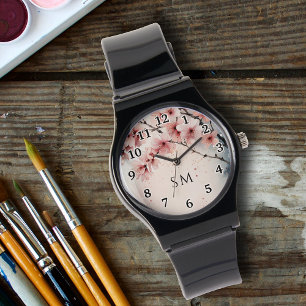 Waterverf Cherry Blossom Bloemen Girly Monogrammed Horloge