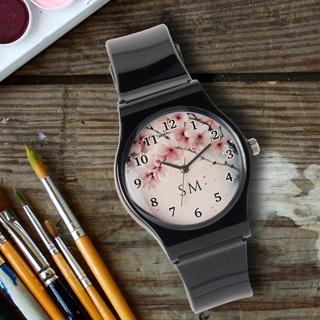 Waterverf Cherry Blossom Bloemen Girly Monogrammed Horloge (Creator heeft geüpload)